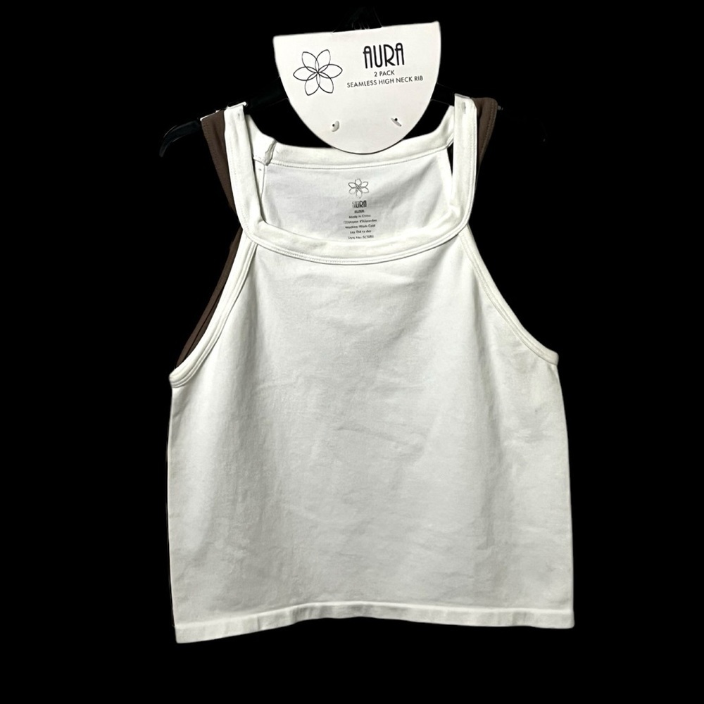 Aura Seamless High Neck Micro Ribbed Tank Tops Size X Large/XXLarge White/Brown